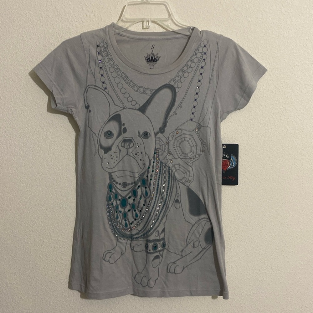 KEY CLOSET Y2K Streetwear Dog-Print Short Sleeve T-Shirt w Rhinestones Size S